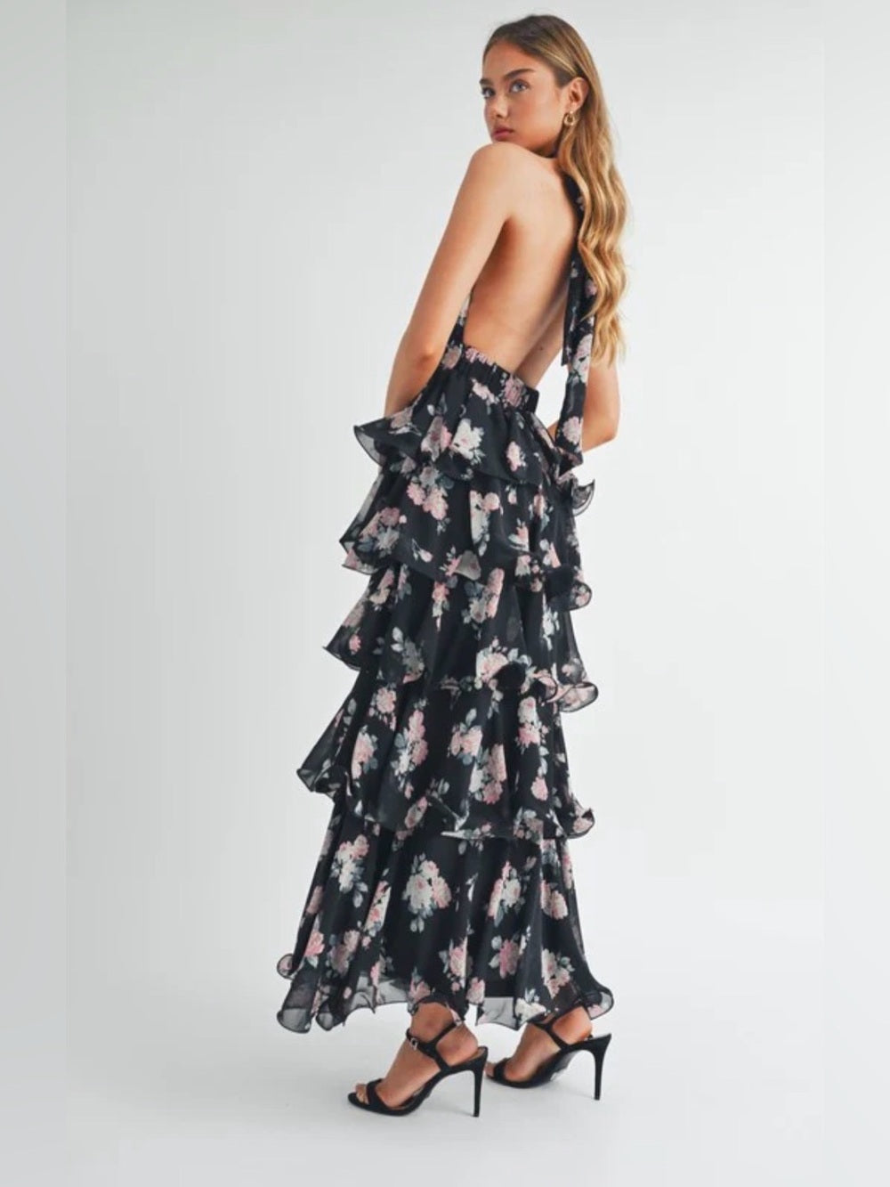 A611. Mable Black Floral Halter Ruffle Maxi Dress