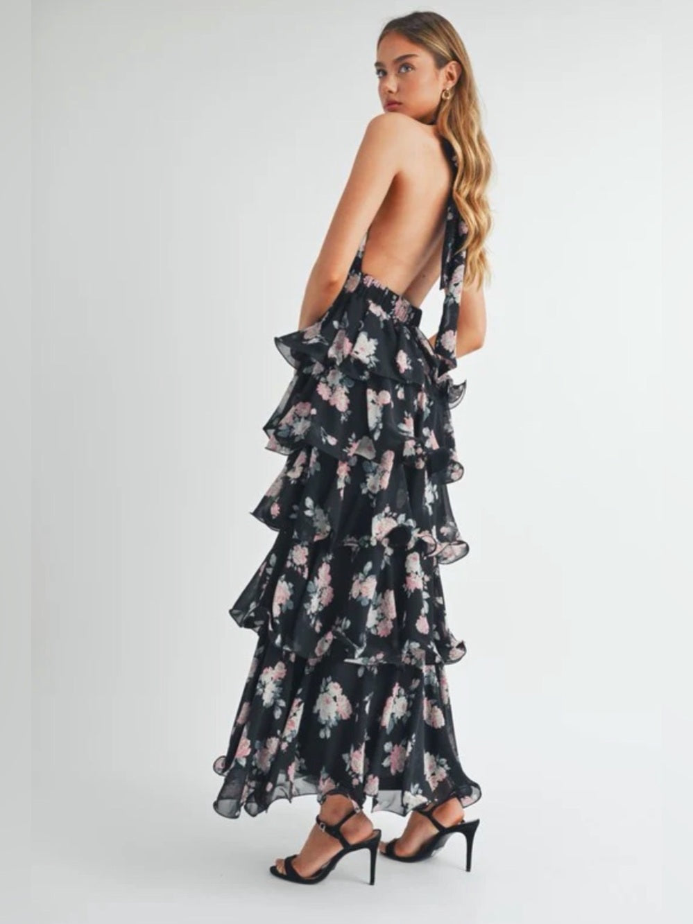 A611. Mable Black Floral Halter Ruffle Maxi Dress