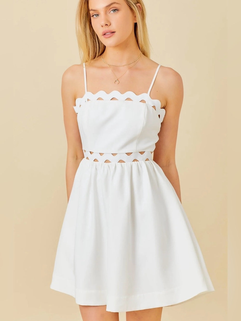 A612. White Scallop Trim Spaghetti Strap Dress