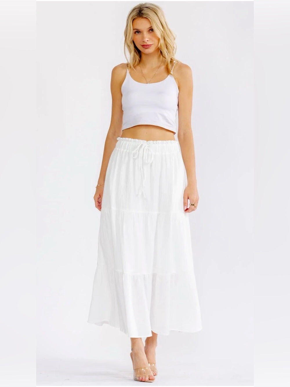 A614. Women's White Tiered Maxi Skirt - Drawstring Waist