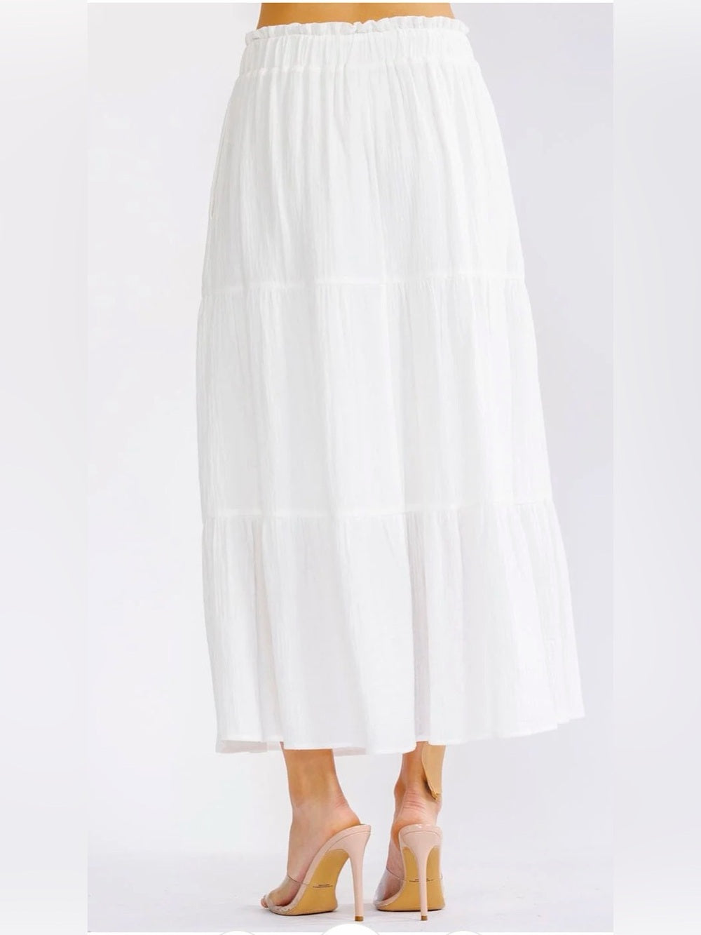 A614. Women's White Tiered Maxi Skirt - Drawstring Waist