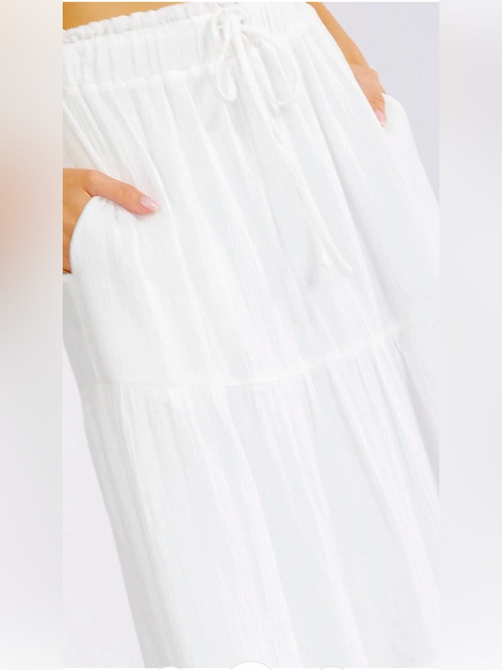 A614. Women's White Tiered Maxi Skirt - Drawstring Waist