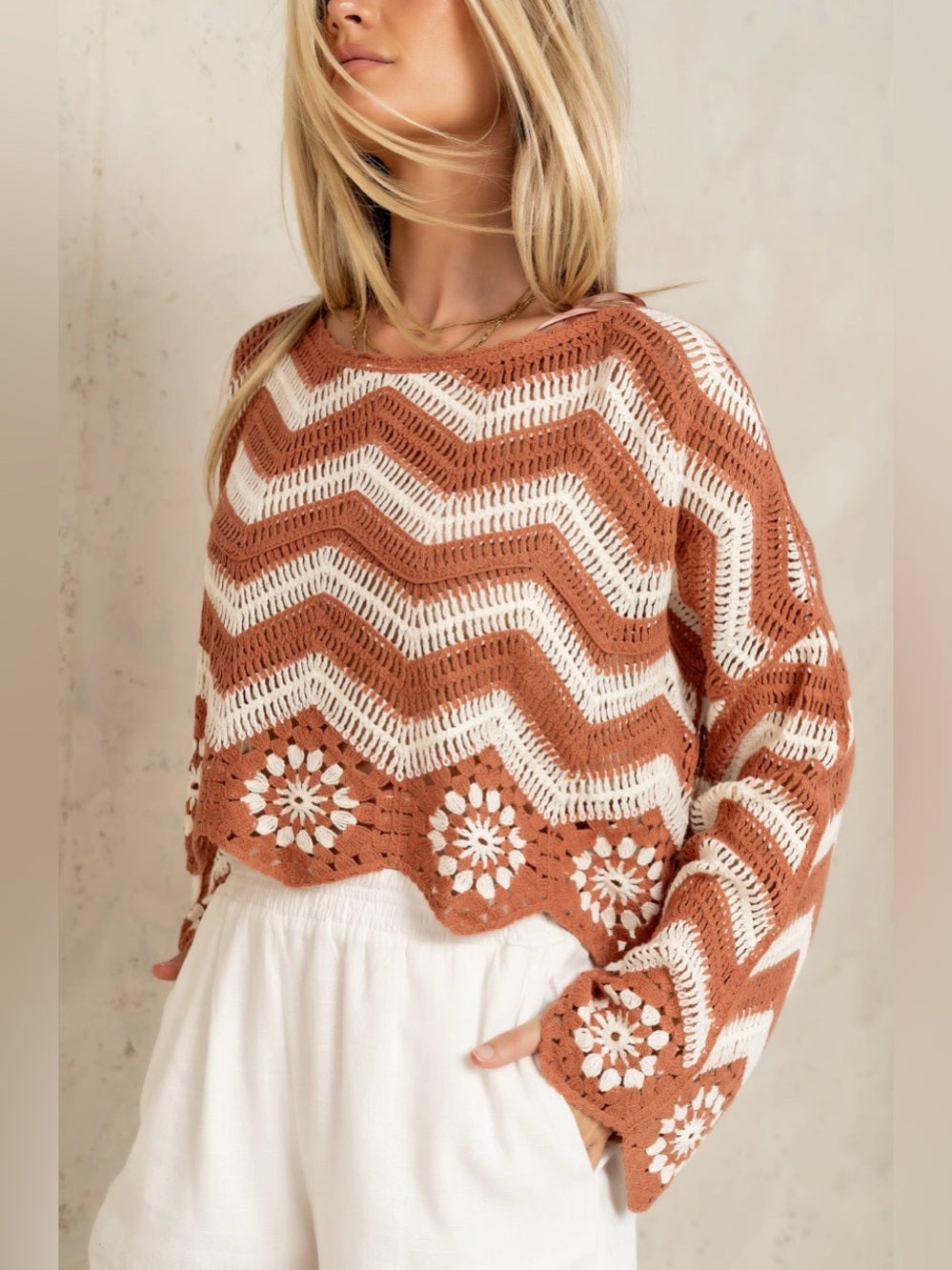 A615. Crochet Chevron Crop Top in Rust & Cream