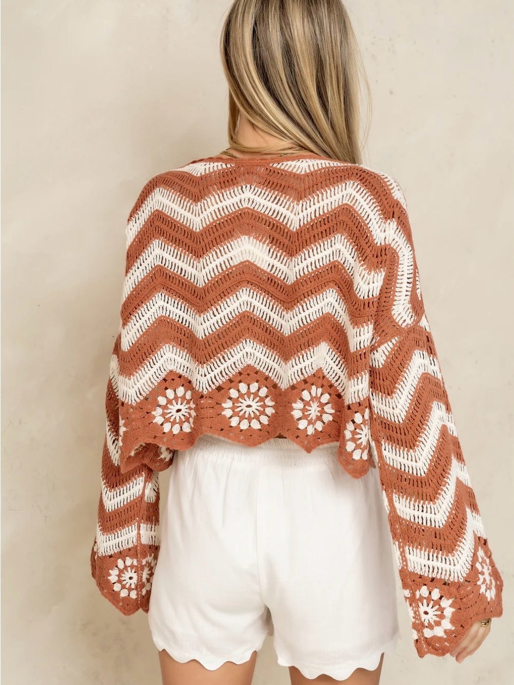 A615. Crochet Chevron Crop Top in Rust & Cream