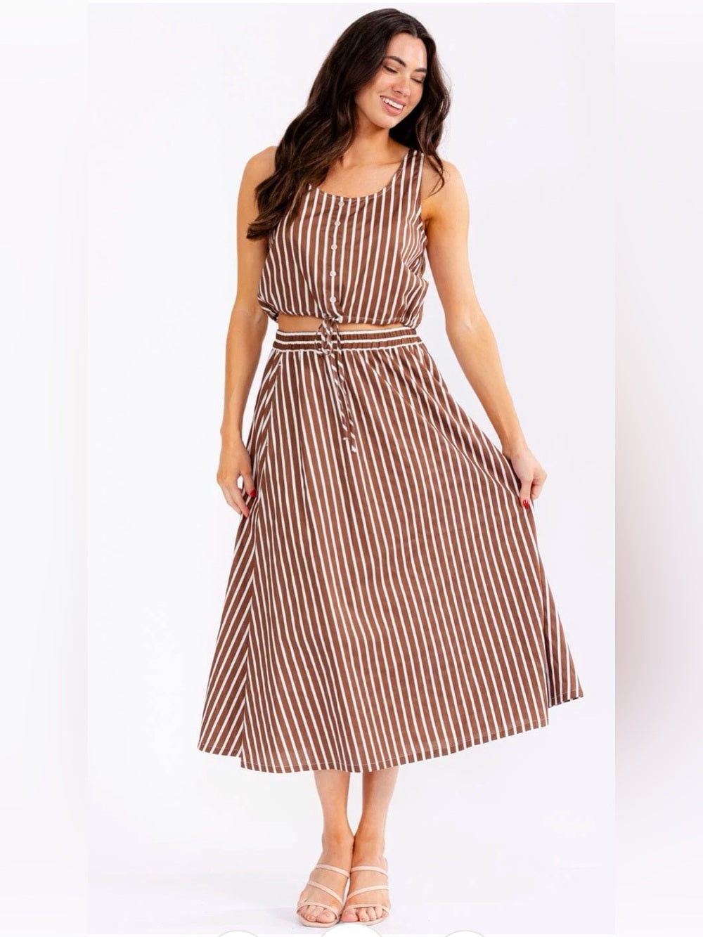 A617. Striped Brown Midi Skirt & Top Set