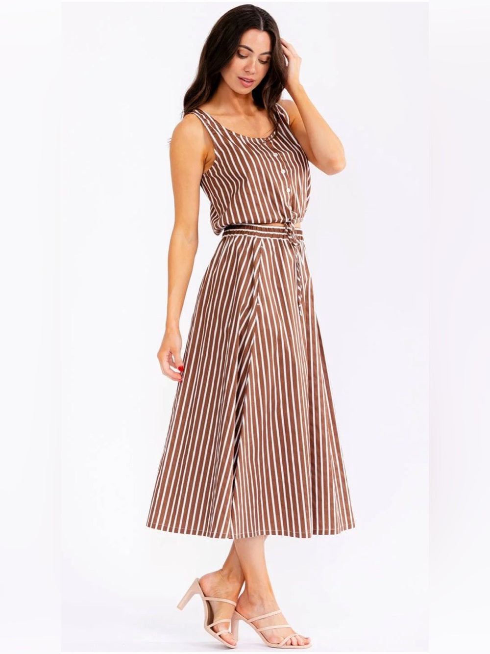 A617. Striped Brown Midi Skirt & Top Set