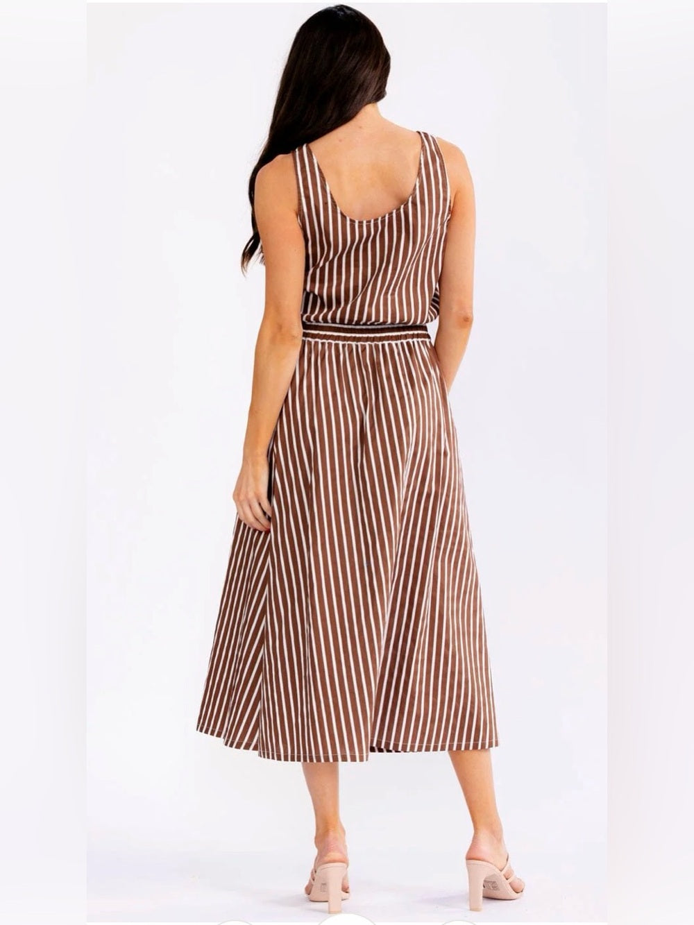 A617. Striped Brown Midi Skirt & Top Set