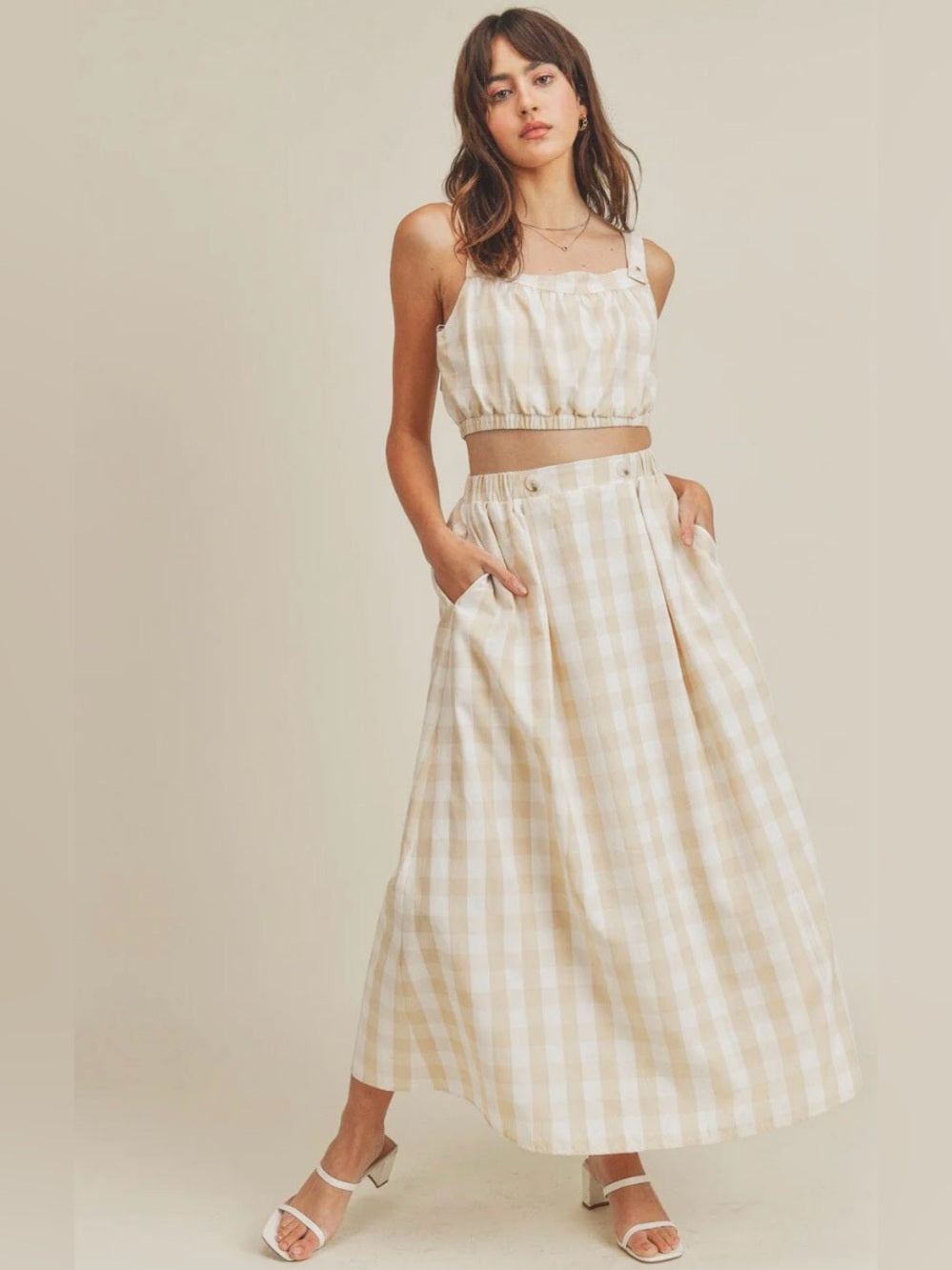 A618. Beige Gingham A-Line Maxi Skirt & Top Set