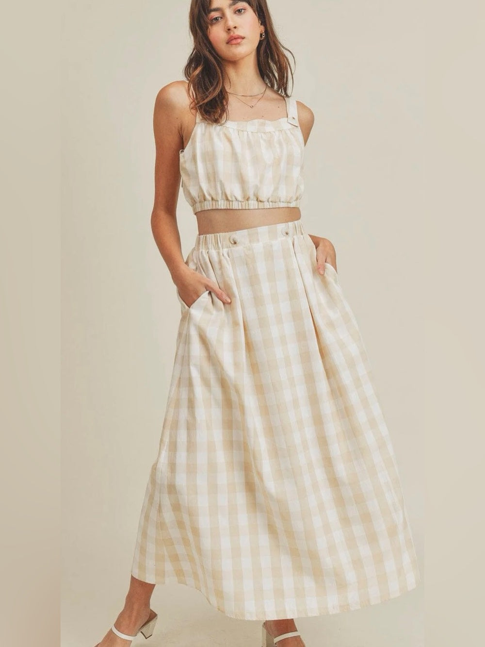 A618. Beige Gingham A-Line Maxi Skirt & Top Set