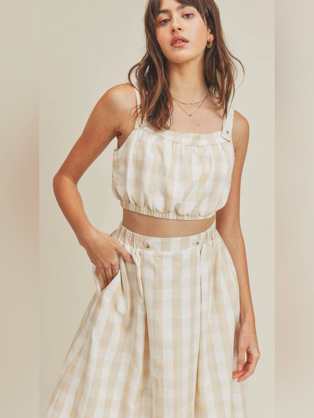 A618. Beige Gingham A-Line Maxi Skirt & Top Set