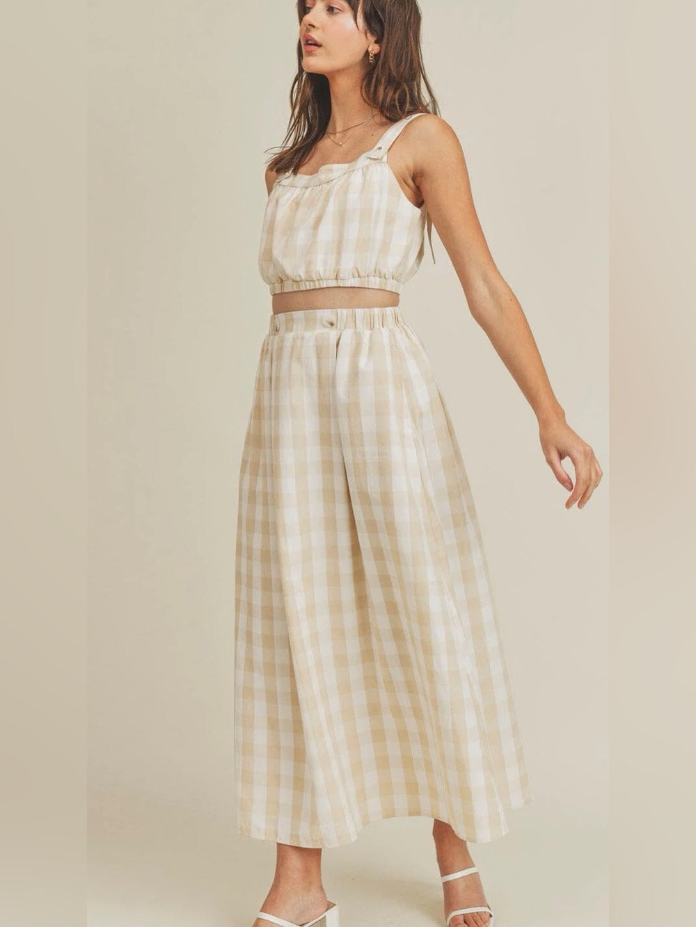 A618. Beige Gingham A-Line Maxi Skirt & Top Set