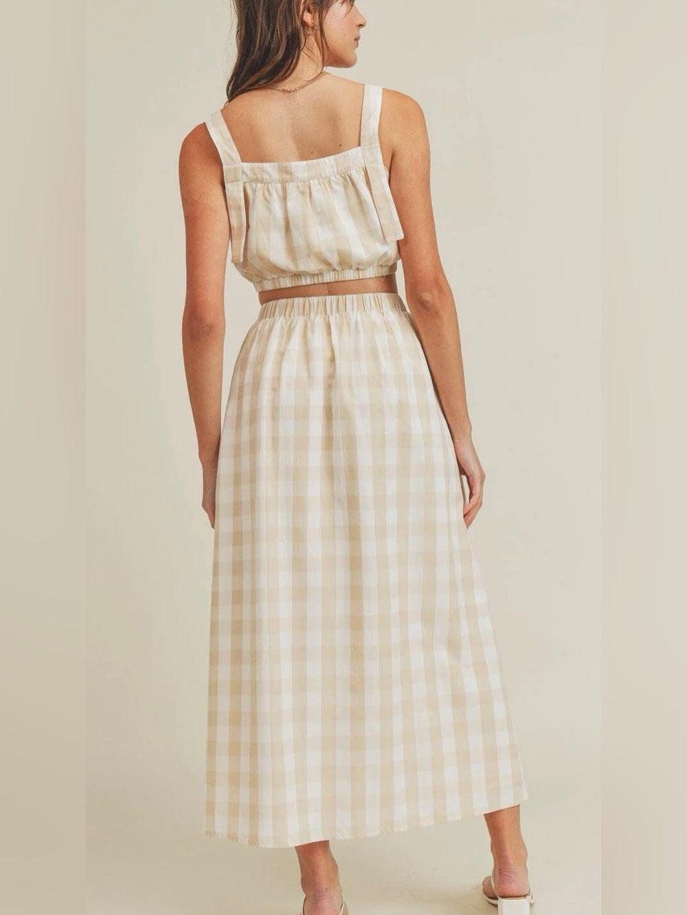 A618. Beige Gingham A-Line Maxi Skirt & Top Set