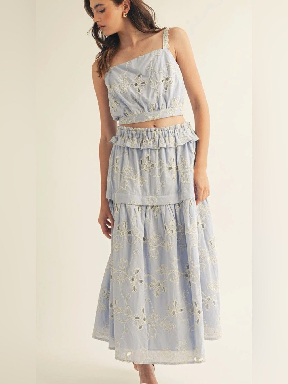 A619. Light Blue Eyelet Tiered Maxi Skirt & Top Ser