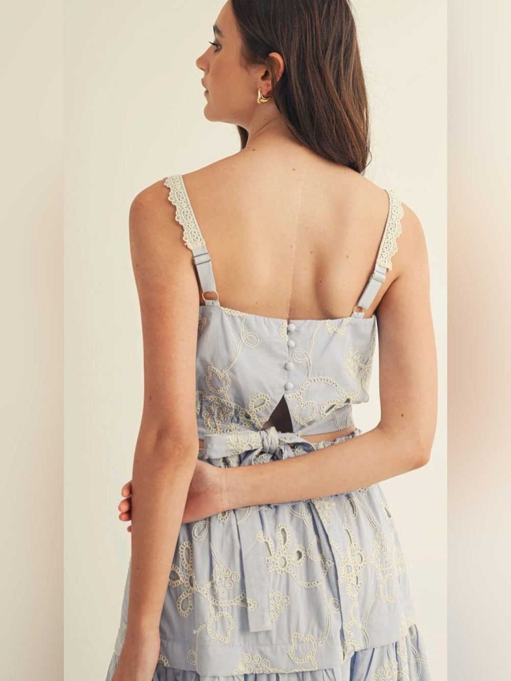 A619. Light Blue Eyelet Tiered Maxi Skirt & Top Ser
