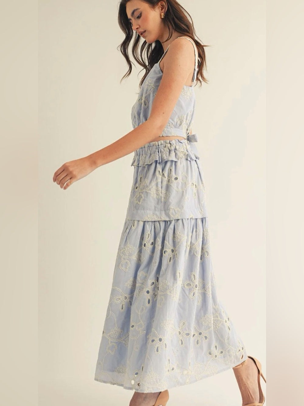 A619. Light Blue Eyelet Tiered Maxi Skirt & Top Ser