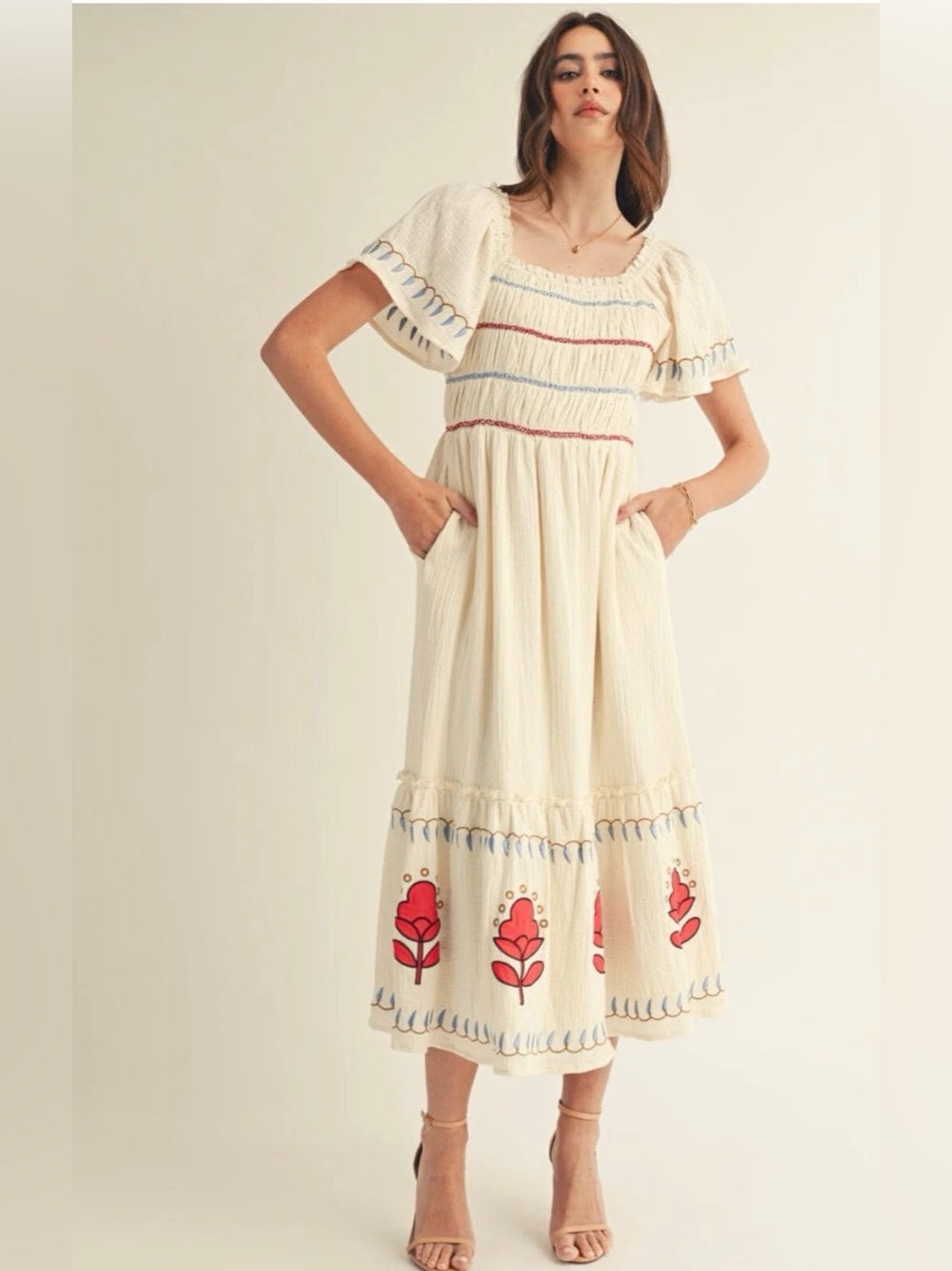A621. Cream Embroidered Midi Dress with Red Floral Detail