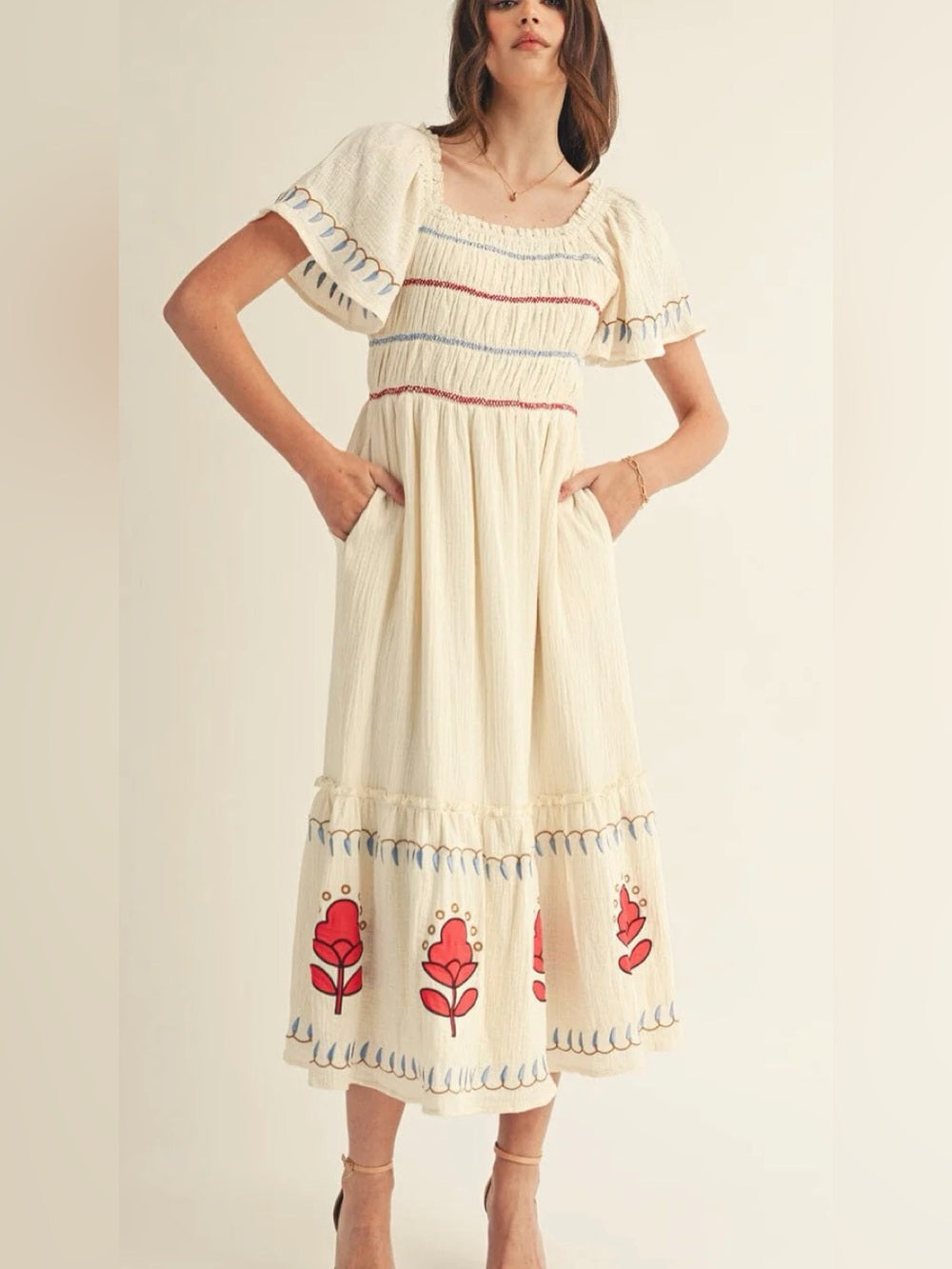 A621. Cream Embroidered Midi Dress with Red Floral Detail