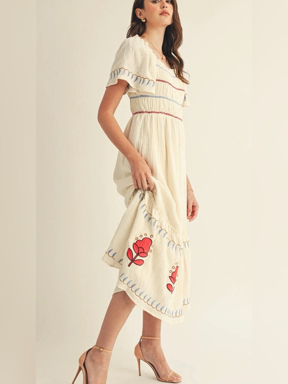 A621. Cream Embroidered Midi Dress with Red Floral Detail