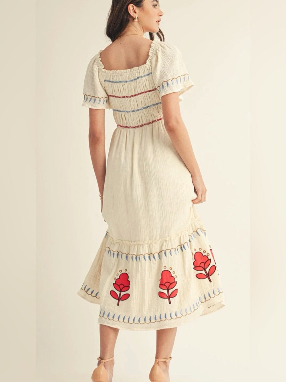 A621. Cream Embroidered Midi Dress with Red Floral Detail