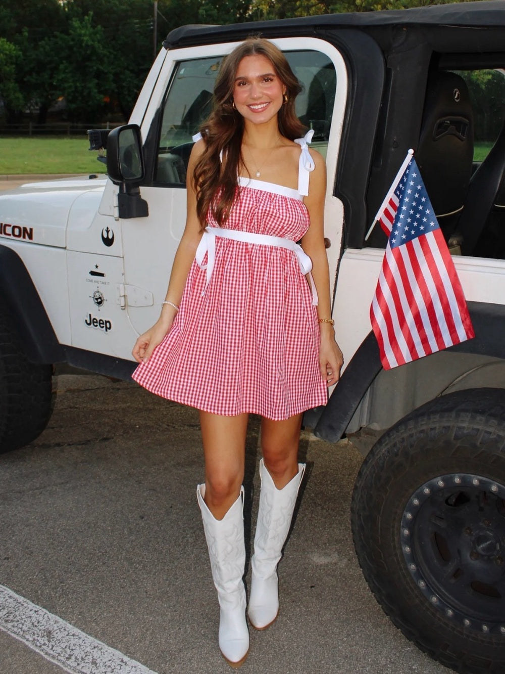 A622. Red Gingham Tie-Shoulder Sundress with White Trim