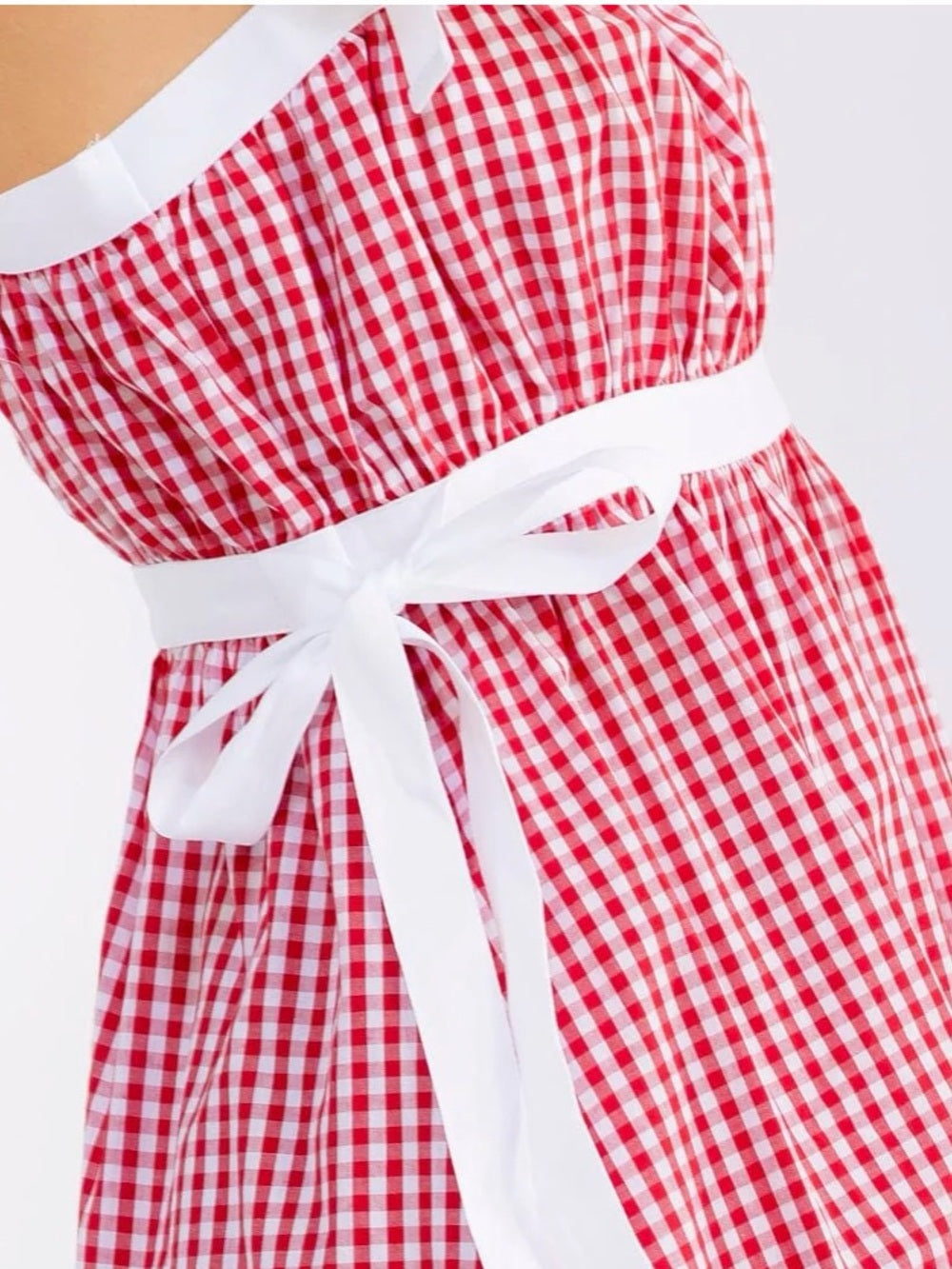A622. Red Gingham Tie-Shoulder Sundress with White Trim