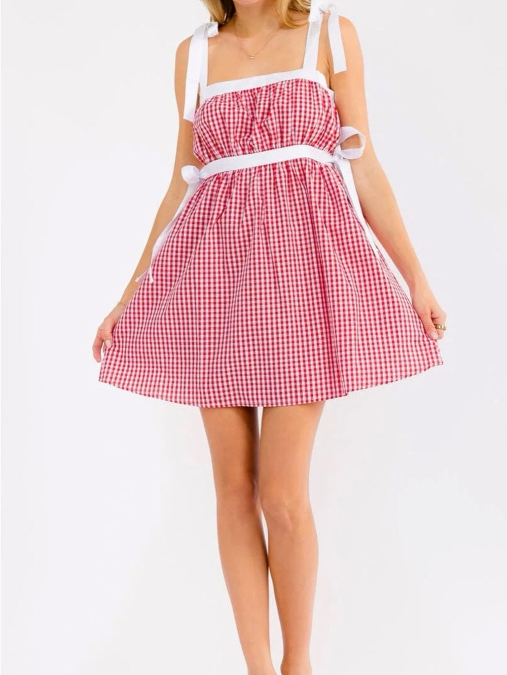 A622. Red Gingham Tie-Shoulder Sundress with White Trim