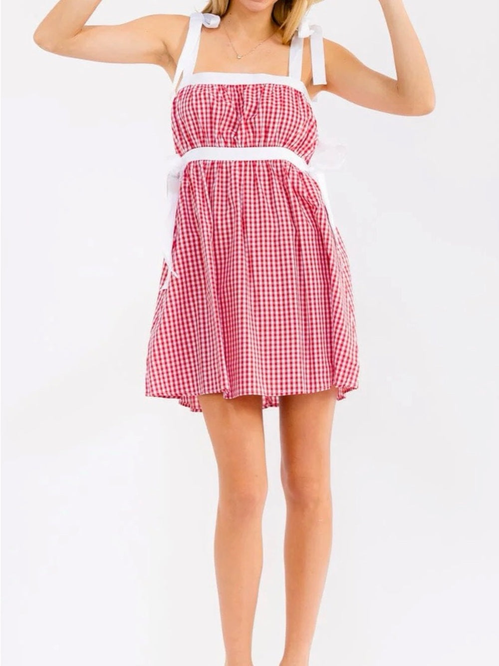 A622. Red Gingham Tie-Shoulder Sundress with White Trim