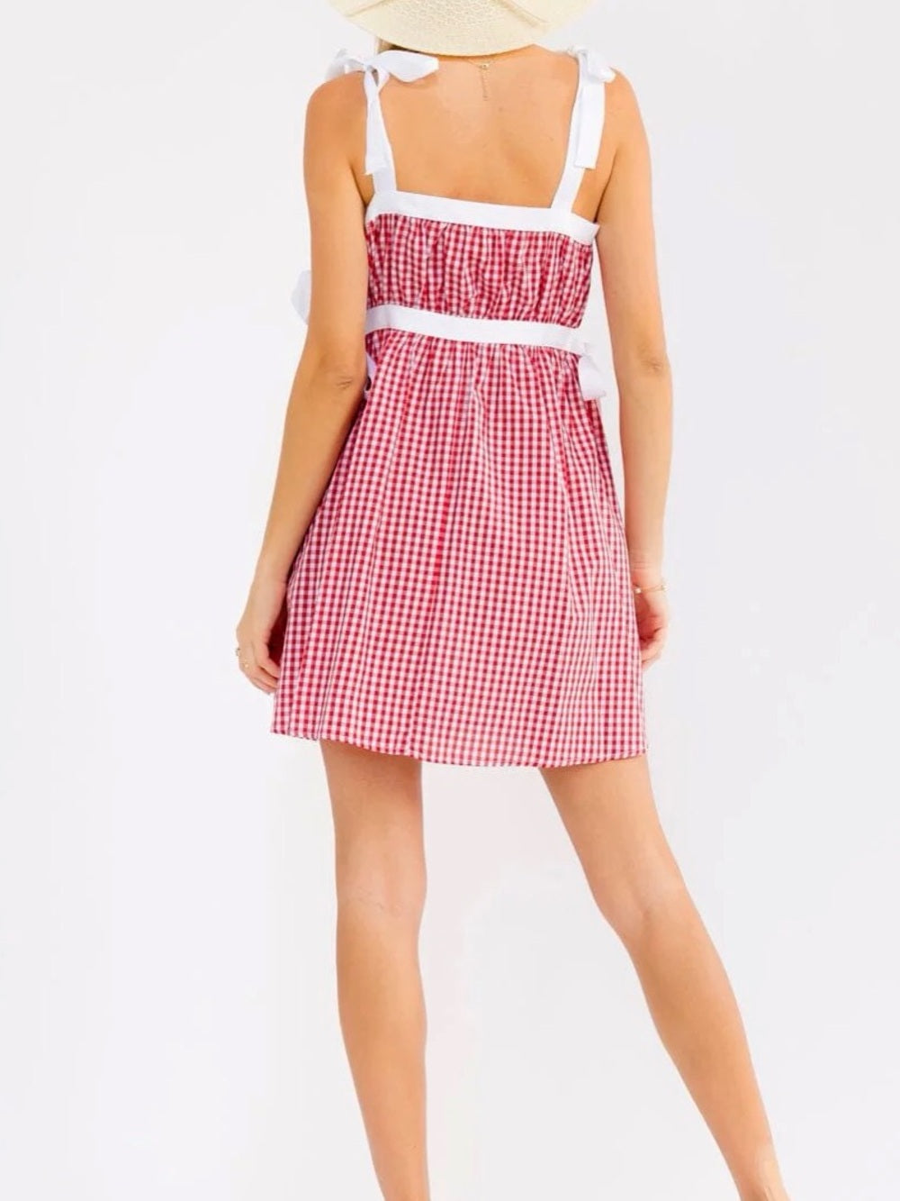 A622. Red Gingham Tie-Shoulder Sundress with White Trim