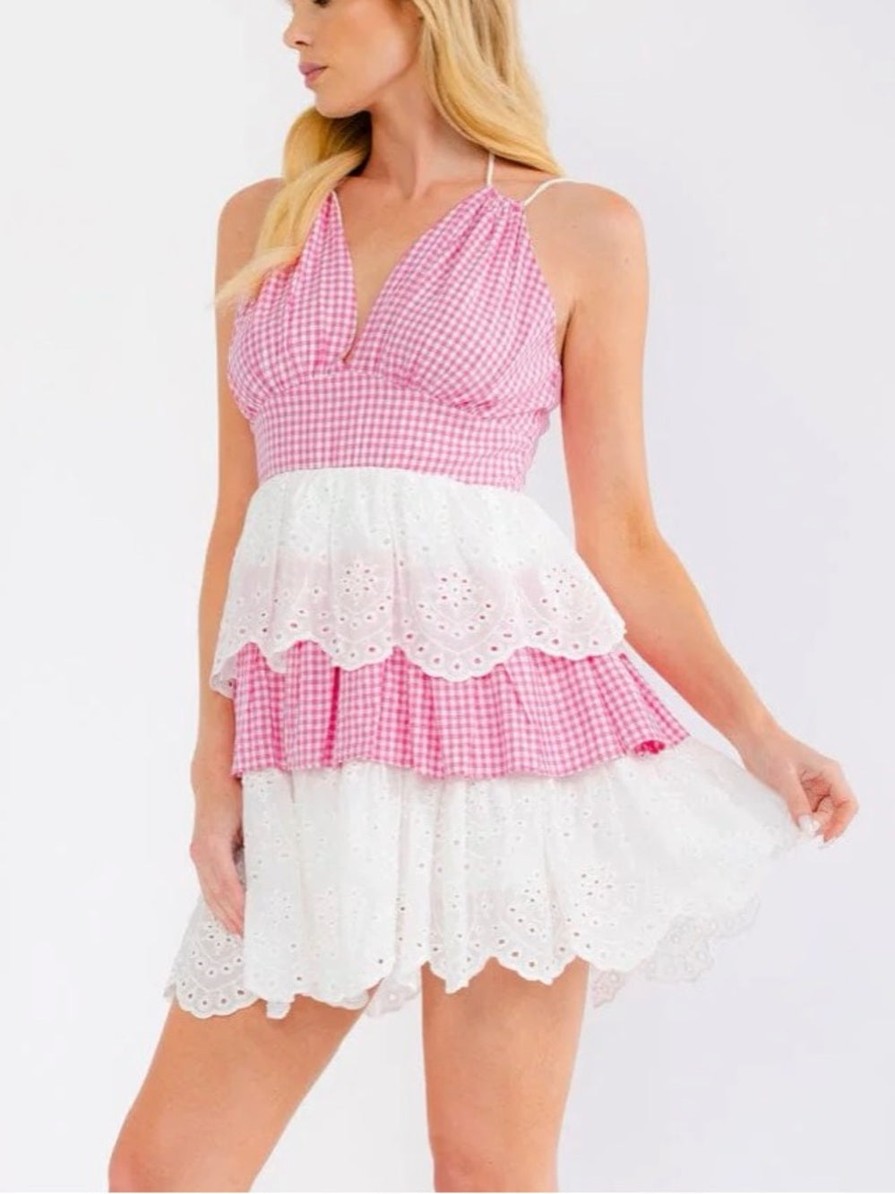 A623. Pink Gingham & White Eyelet Tiered Sundress