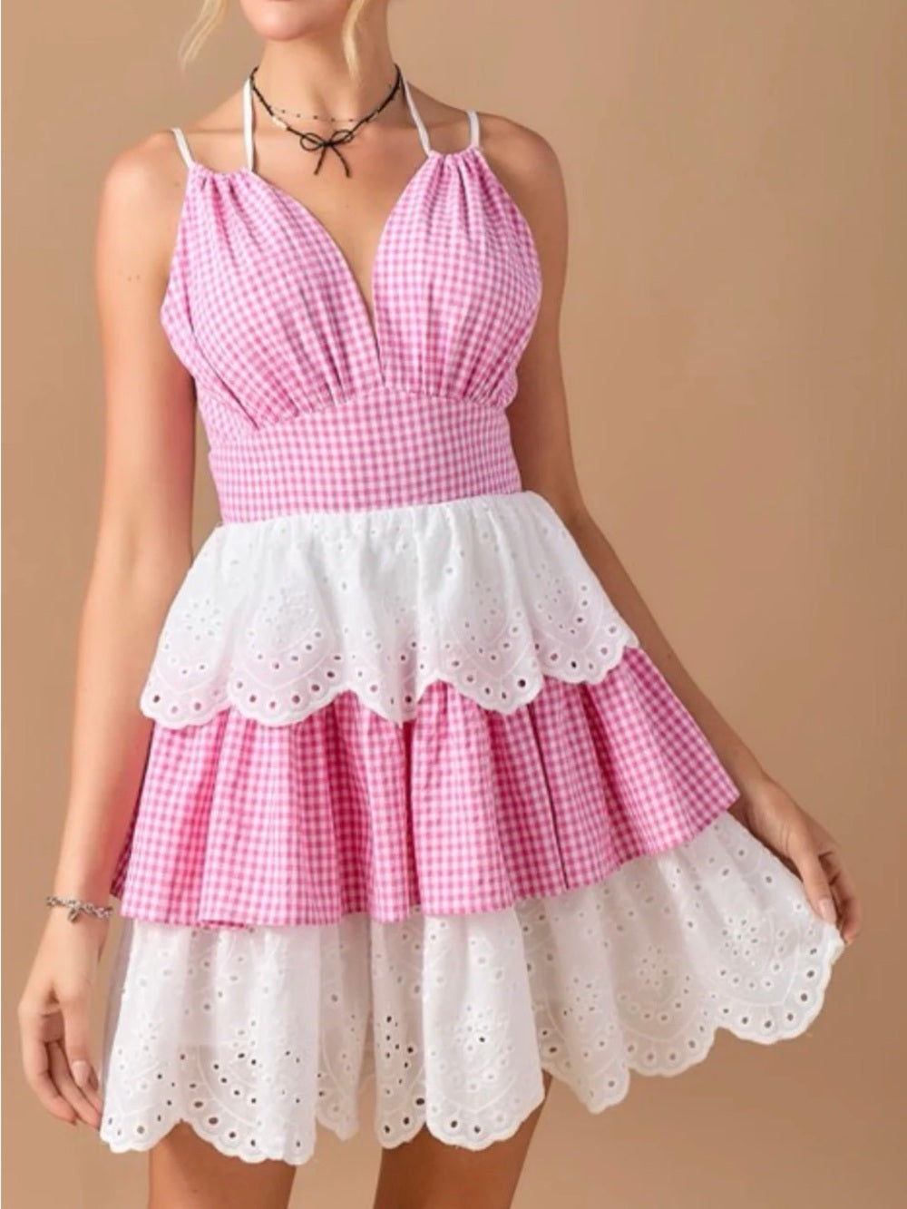 A623. Pink Gingham & White Eyelet Tiered Sundress