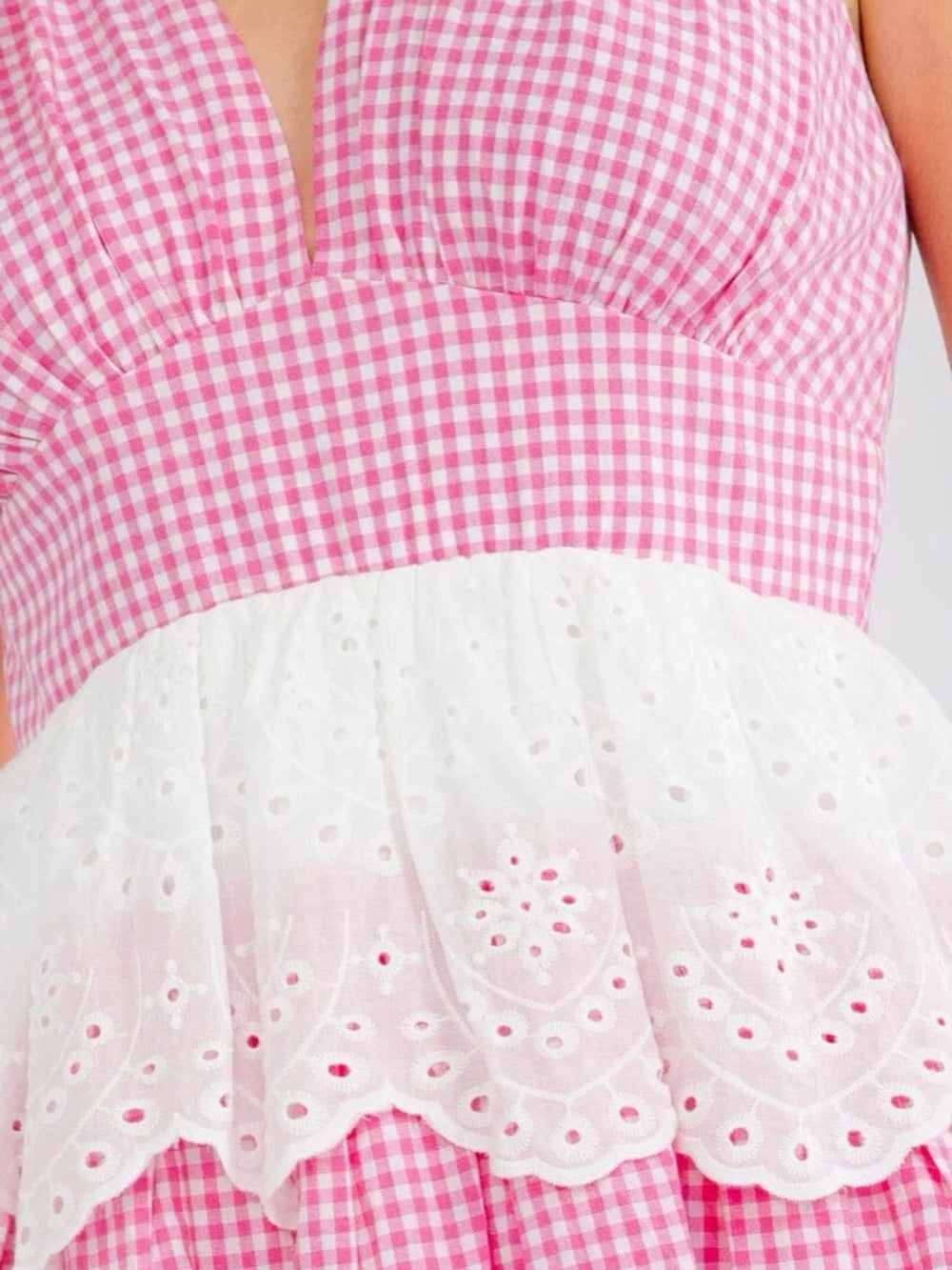A623. Pink Gingham & White Eyelet Tiered Sundress