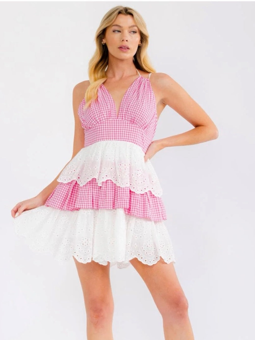 A623. Pink Gingham & White Eyelet Tiered Sundress