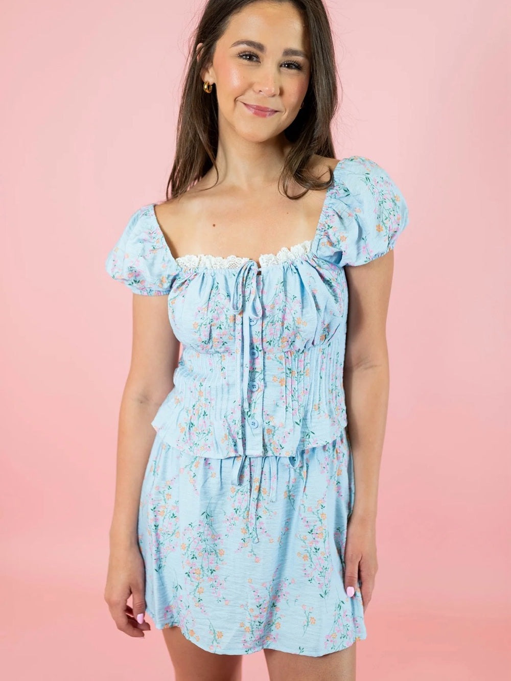A625. Light Blue Floral Puff Sleeve Skirt & Top Set