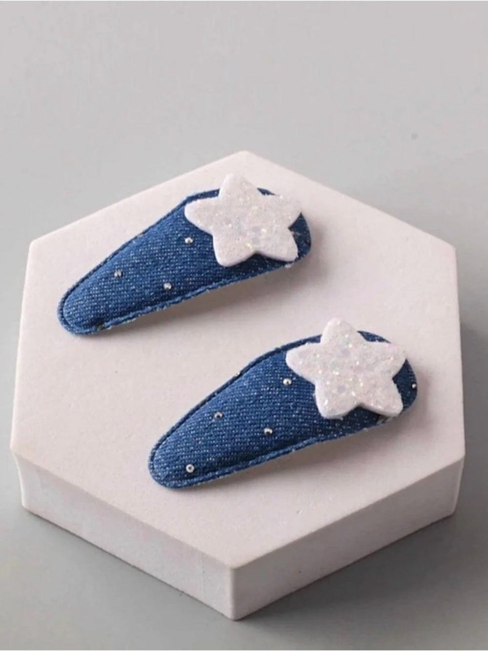 Blue Denim Hair Clips - White Glitter Stars or Flower