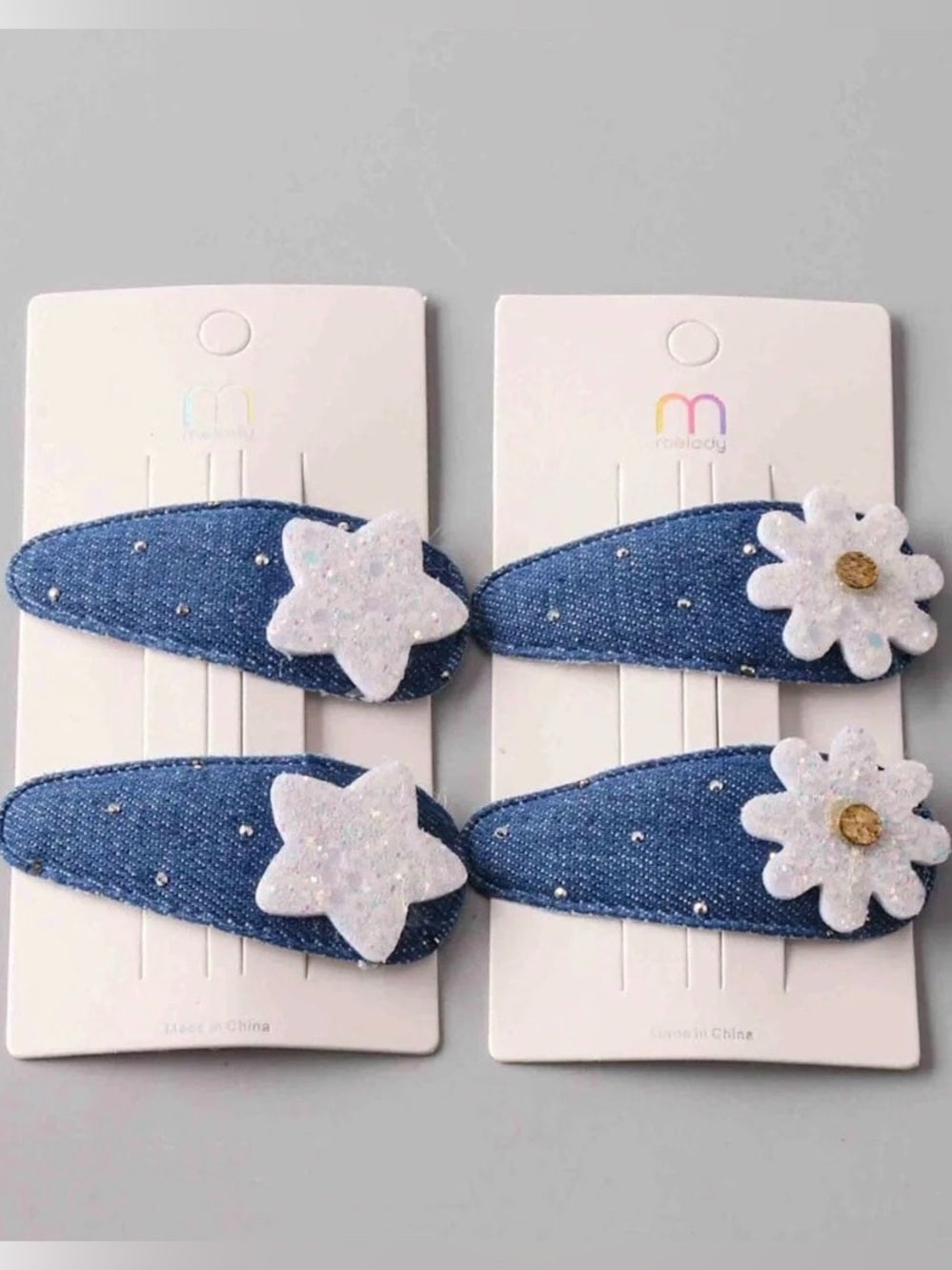 Blue Denim Hair Clips - White Glitter Stars or Flower