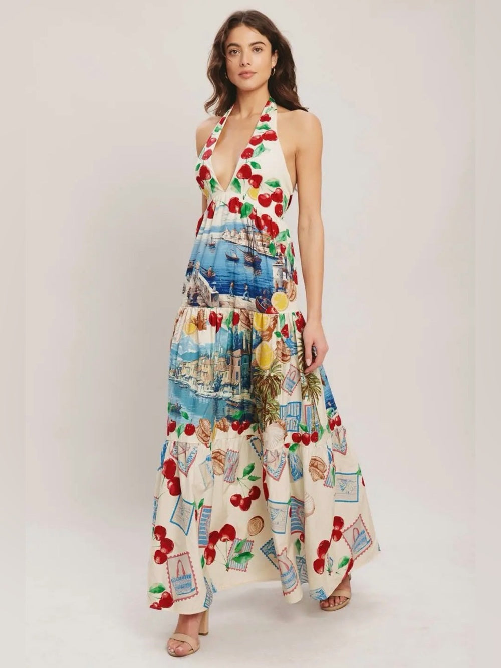 A626. Halter Maxi Dress with Scenic Print - Cream & Blue