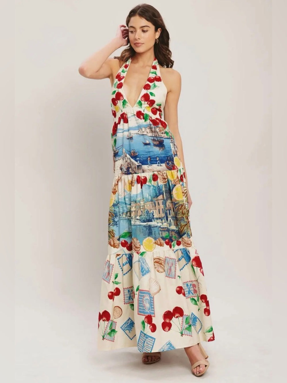A626. Halter Maxi Dress with Scenic Print - Cream & Blue
