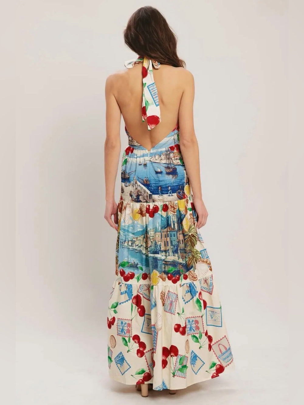 A626. Halter Maxi Dress with Scenic Print - Cream & Blue