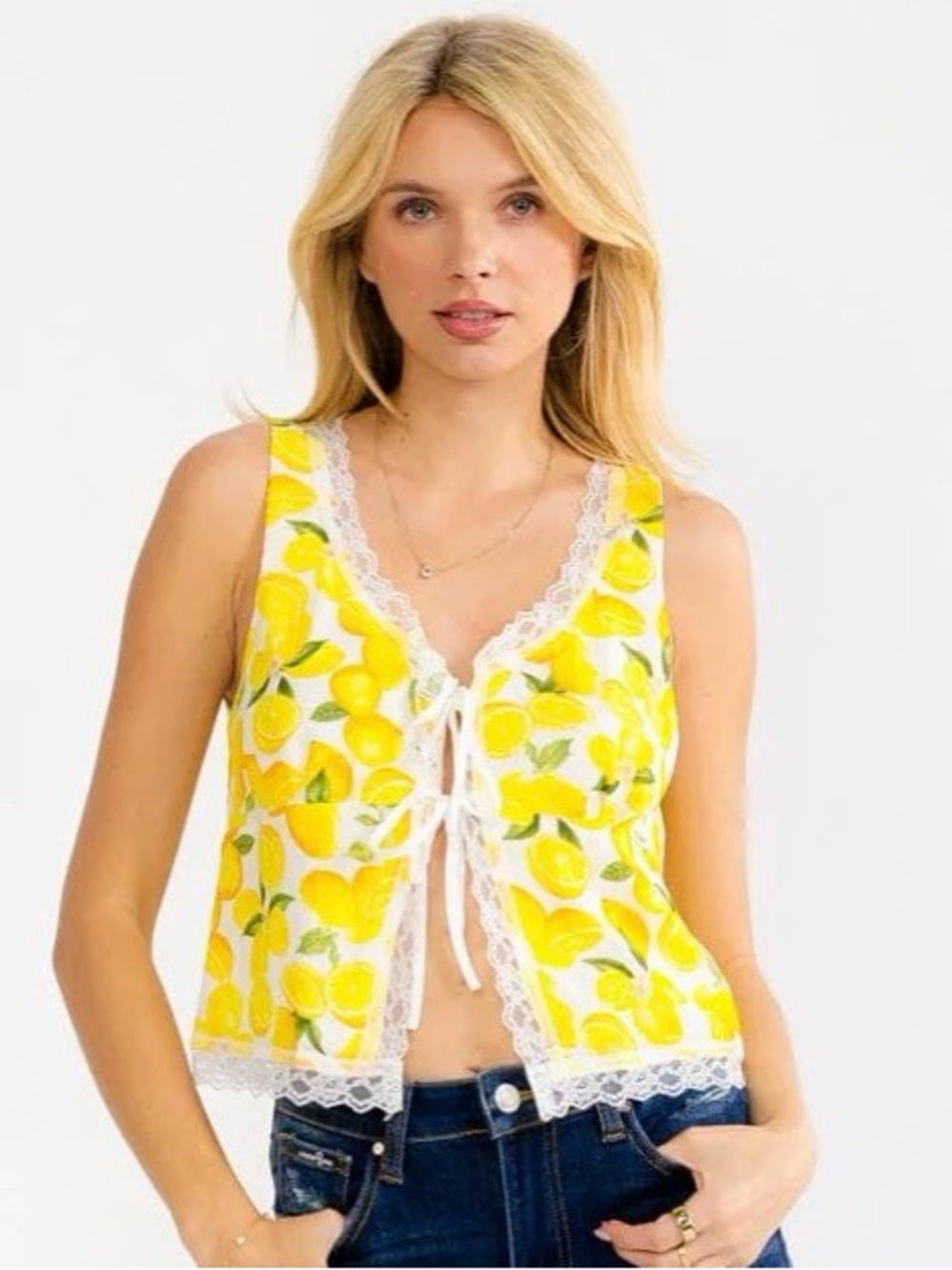 A628. Lemon Print Lace Trim Vest