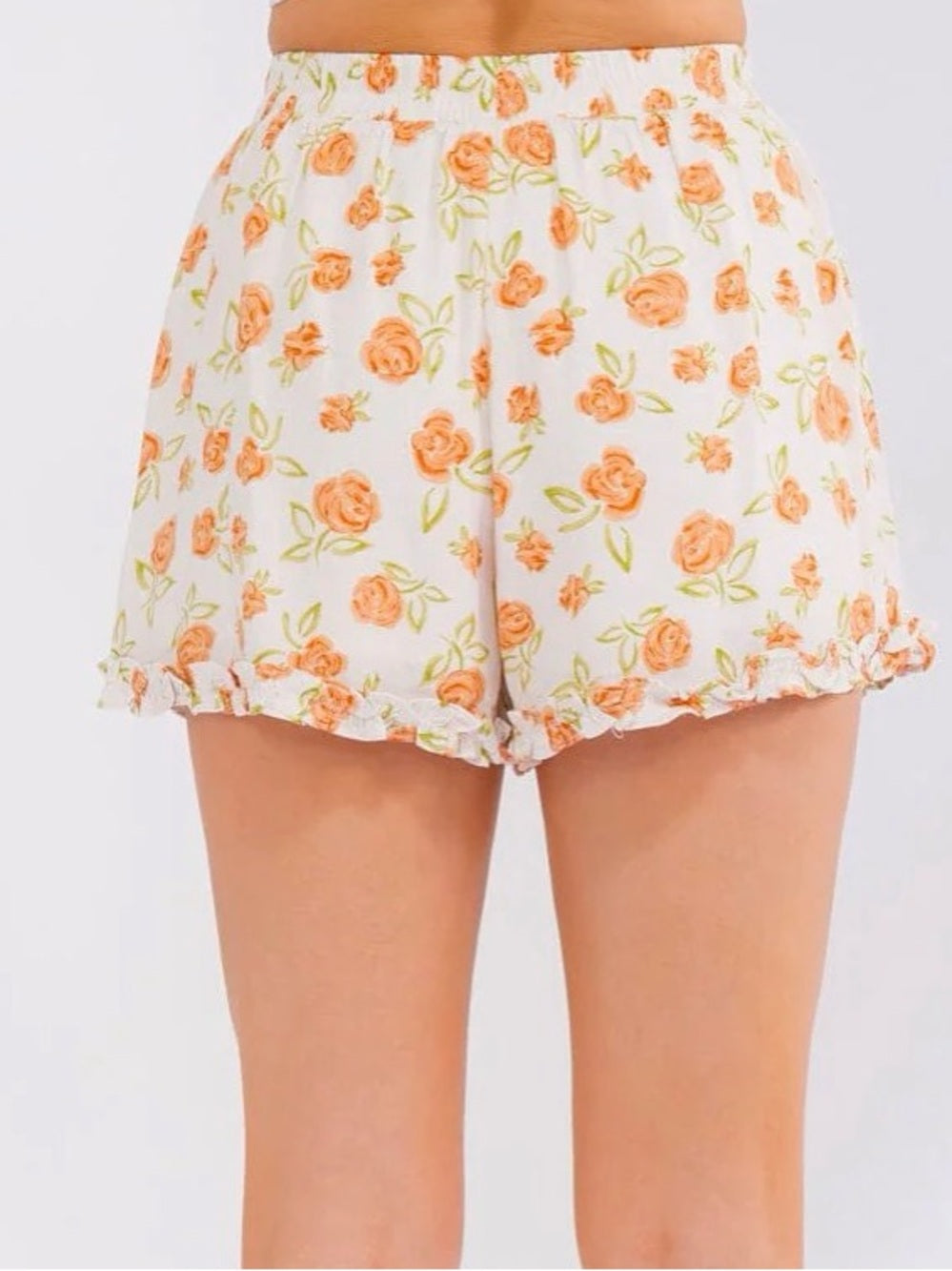 A629. Linen Blend Floral Elastic Waist Mini Shorts