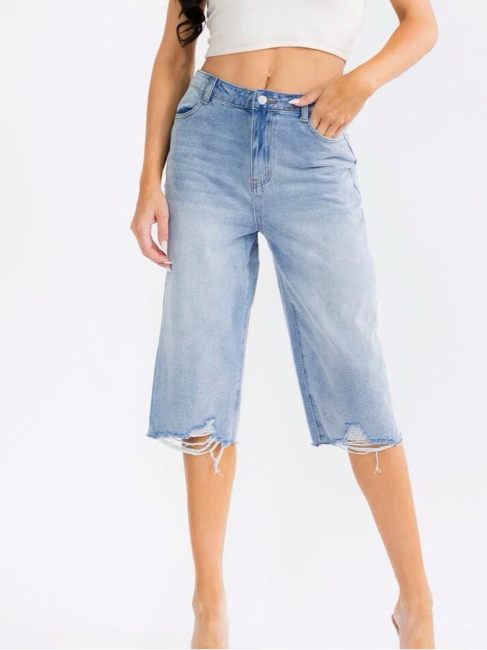 A630 Washed Denim Capri Bermuda Shorts