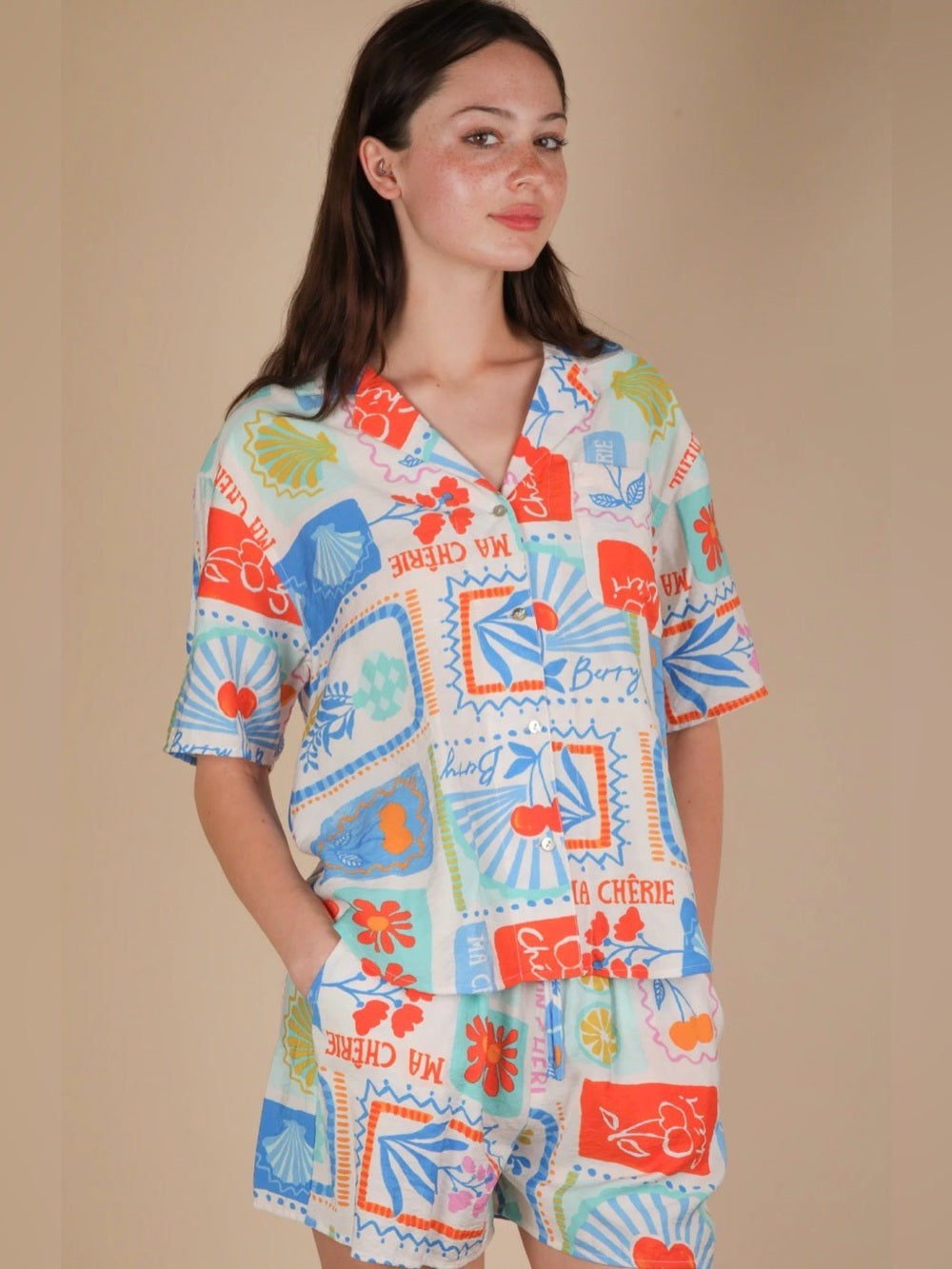A635. Ma Chérie Postcard Summer Lounge Button Down Shirt & Short Set