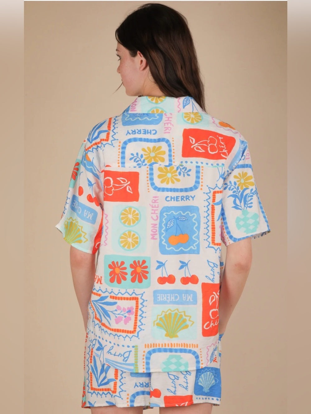 A635. Ma Chérie Postcard Summer Lounge Button Down Shirt & Short Set