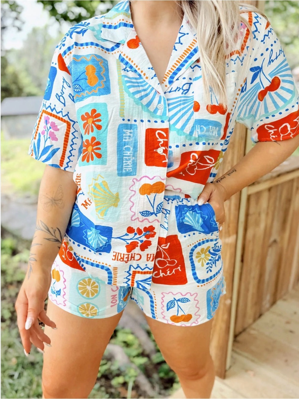 A635. Ma Chérie Postcard Summer Lounge Button Down Shirt & Short Set