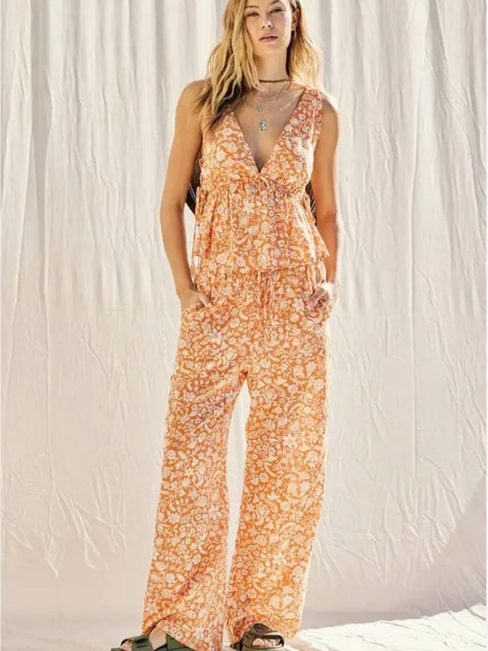 A637. Boho Dream Floral Two-Piece Set (Top & Wide-Leg Pants)