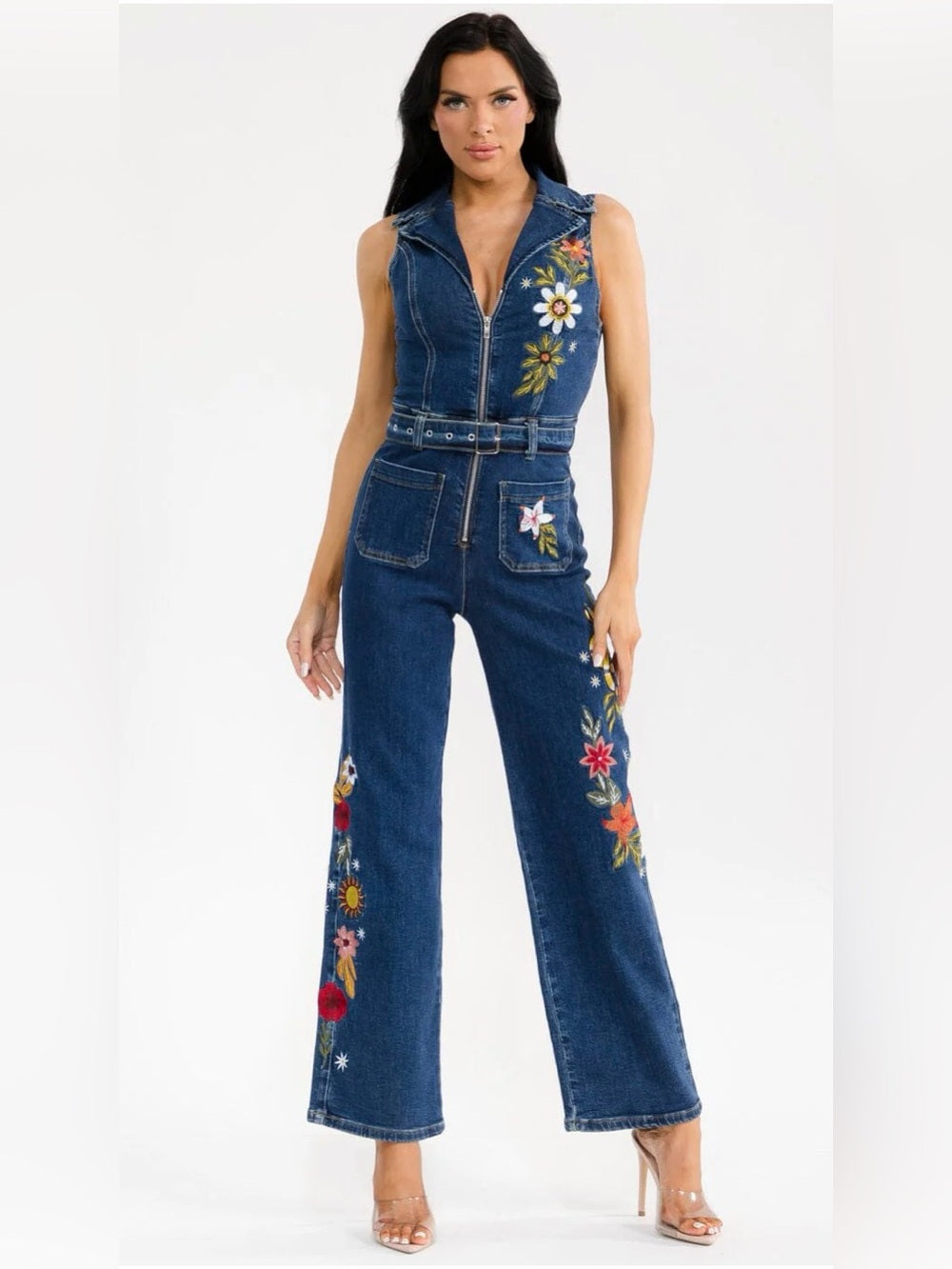 A638. Retro Floral Embroidered Denim Jumpsuit