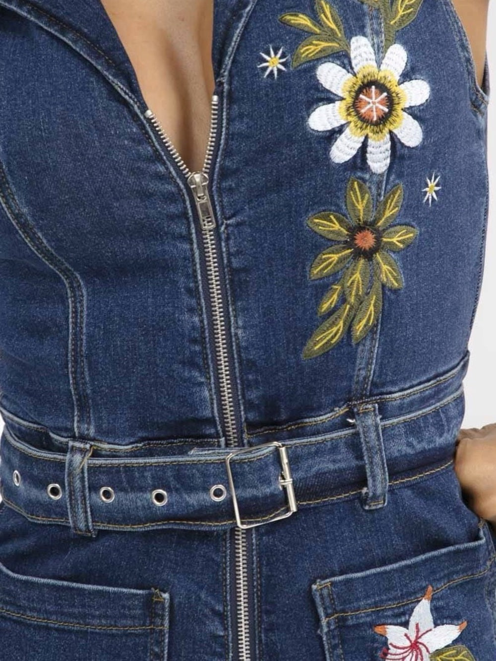 A638. Retro Floral Embroidered Denim Jumpsuit