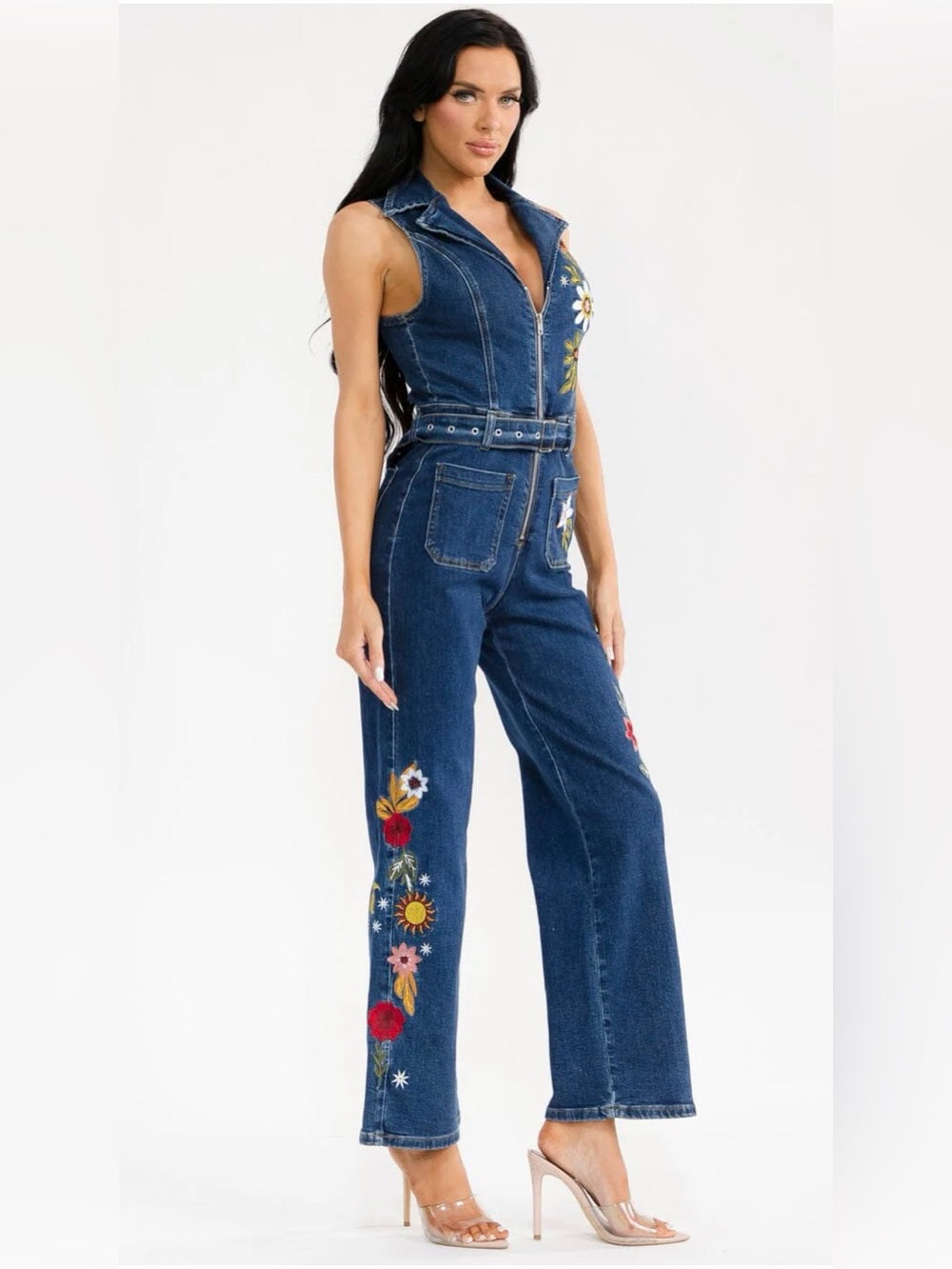 A638. Retro Floral Embroidered Denim Jumpsuit