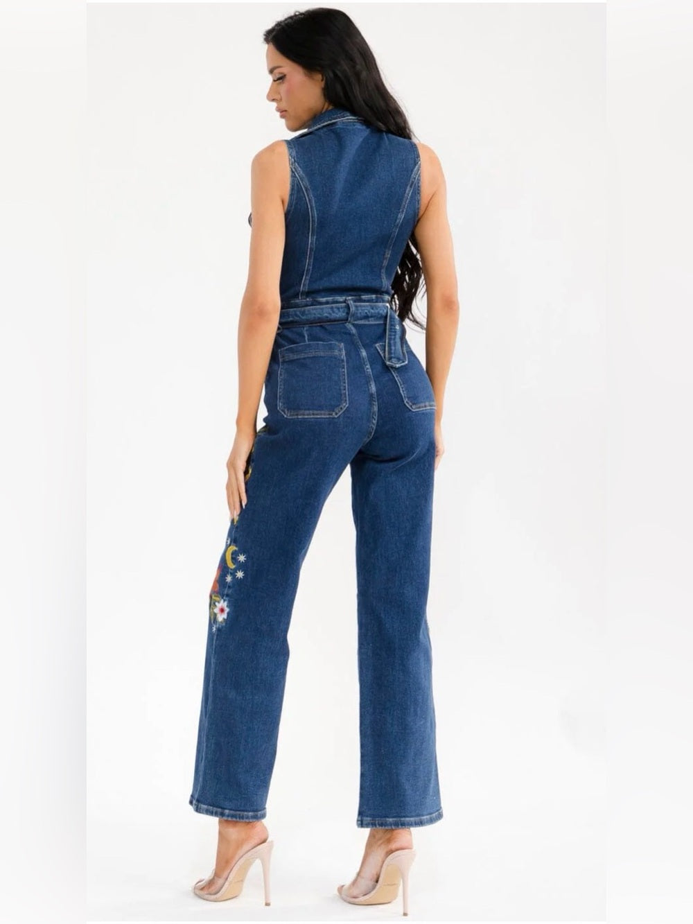 A638. Retro Floral Embroidered Denim Jumpsuit