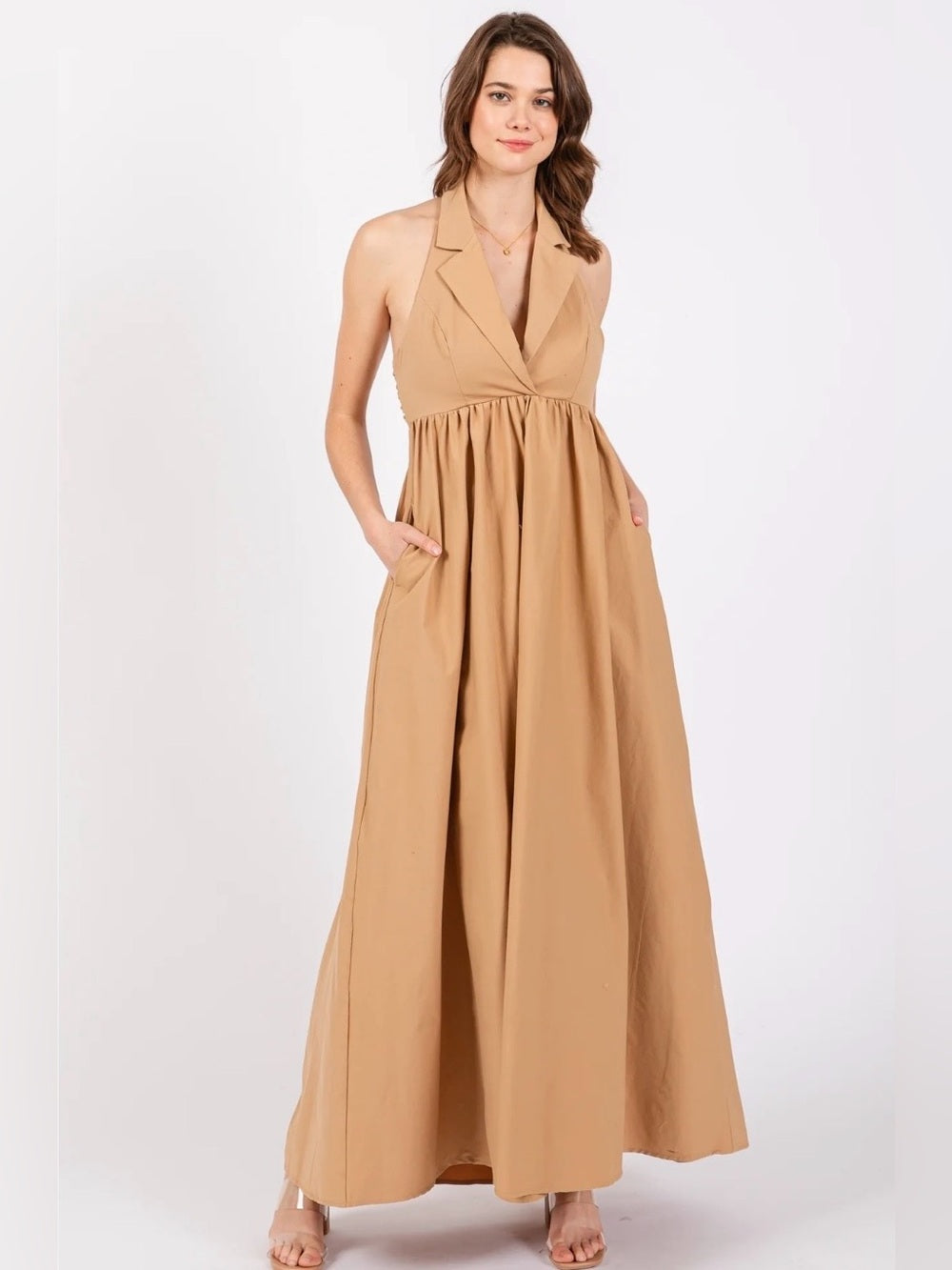 A639. Sleeveless Halter Jumpsuit in Camel